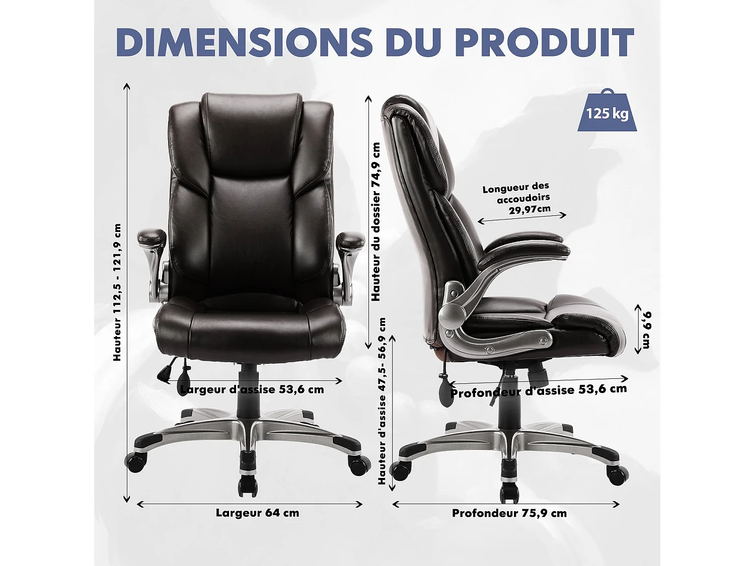 Chaise de bureau - Chaise de Bureau ergonomique en similicuir,Dossier Inclinable, Accoudoirs et Hauteur Réglables - Marron