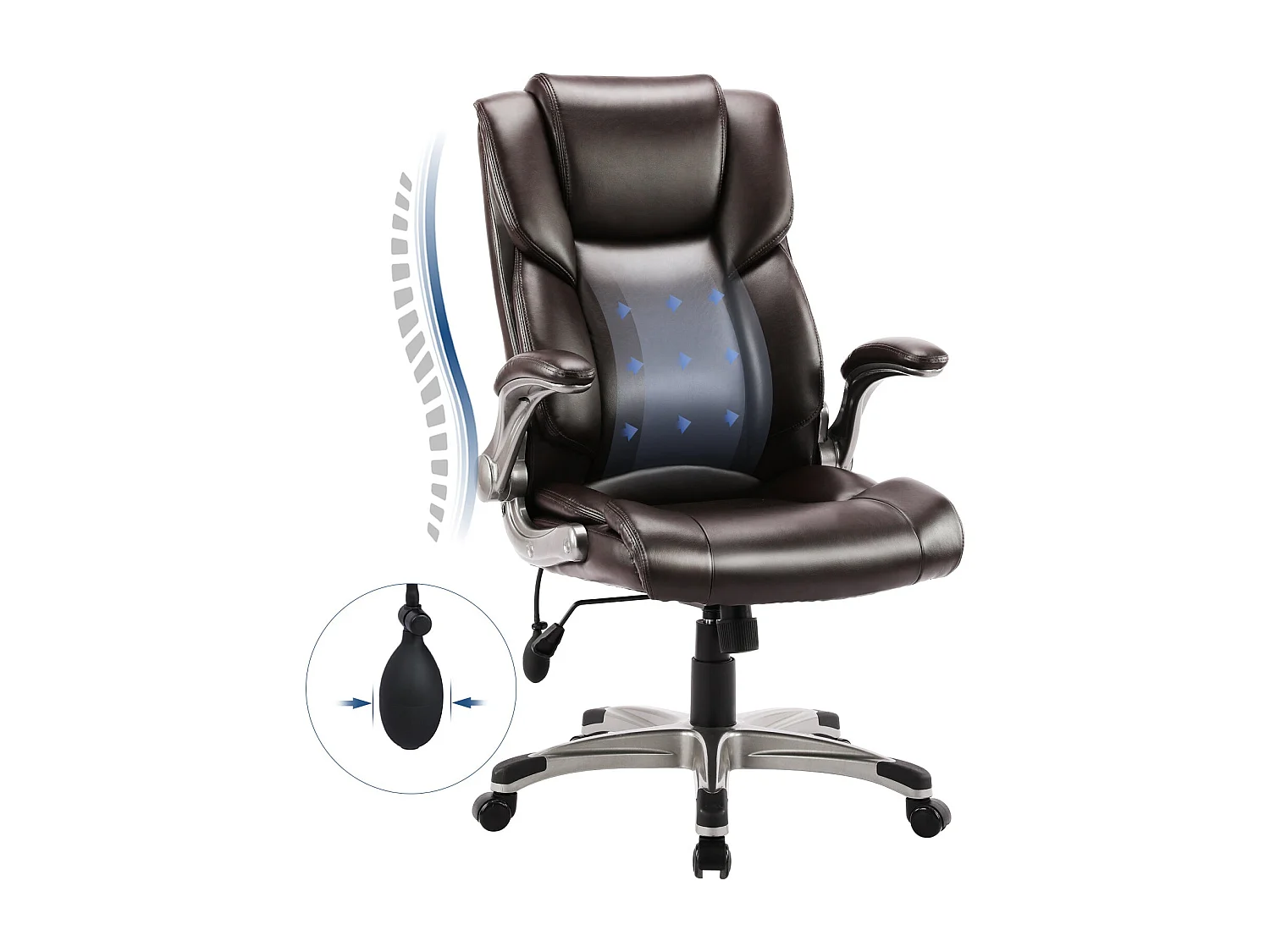Chaise de Bureau ergonomique en similicuir, Dossier Inclinable, Accoudoirs et Hauteur Réglables - Marron