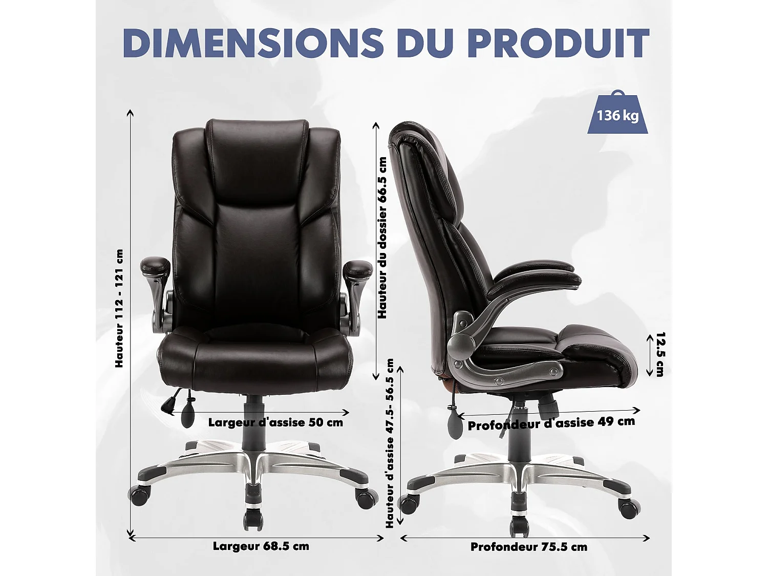 Chaise de Bureau ergonomique en similicuir, Dossier Inclinable, Accoudoirs et Hauteur Réglables - Marron