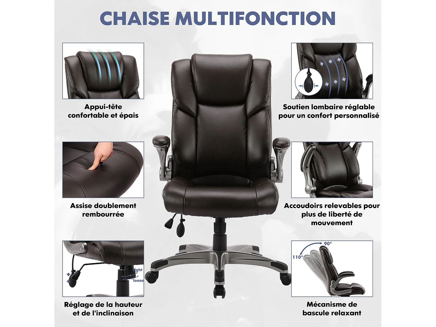 Chaise de Bureau ergonomique en similicuir, Dossier Inclinable, Accoudoirs et Hauteur Réglables - Marron