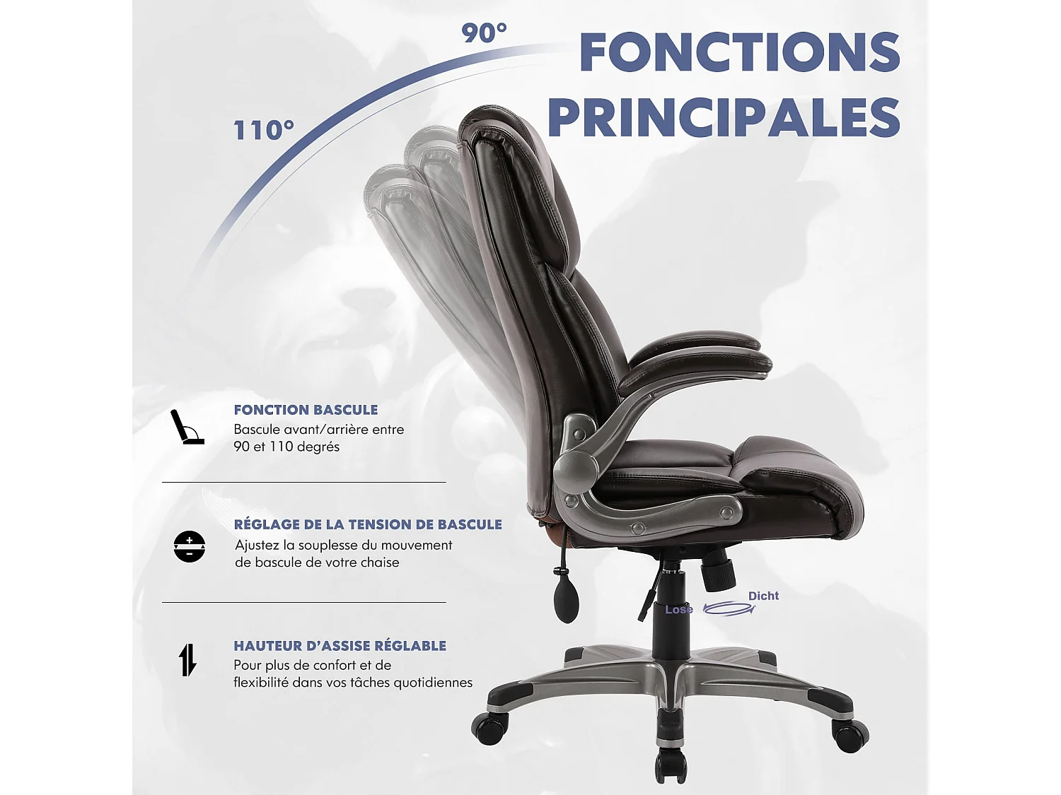 Chaise de Bureau ergonomique en similicuir, Dossier Inclinable, Accoudoirs et Hauteur Réglables - Marron