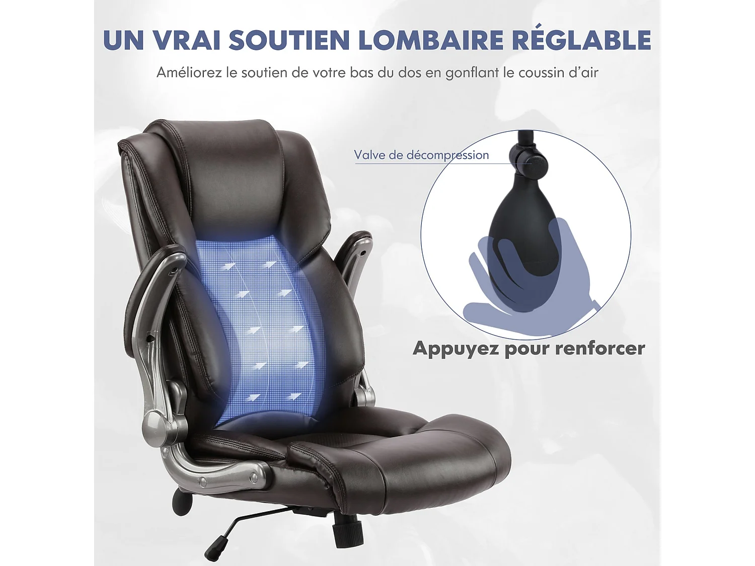 Chaise de Bureau ergonomique en similicuir, Dossier Inclinable, Accoudoirs et Hauteur Réglables - Marron