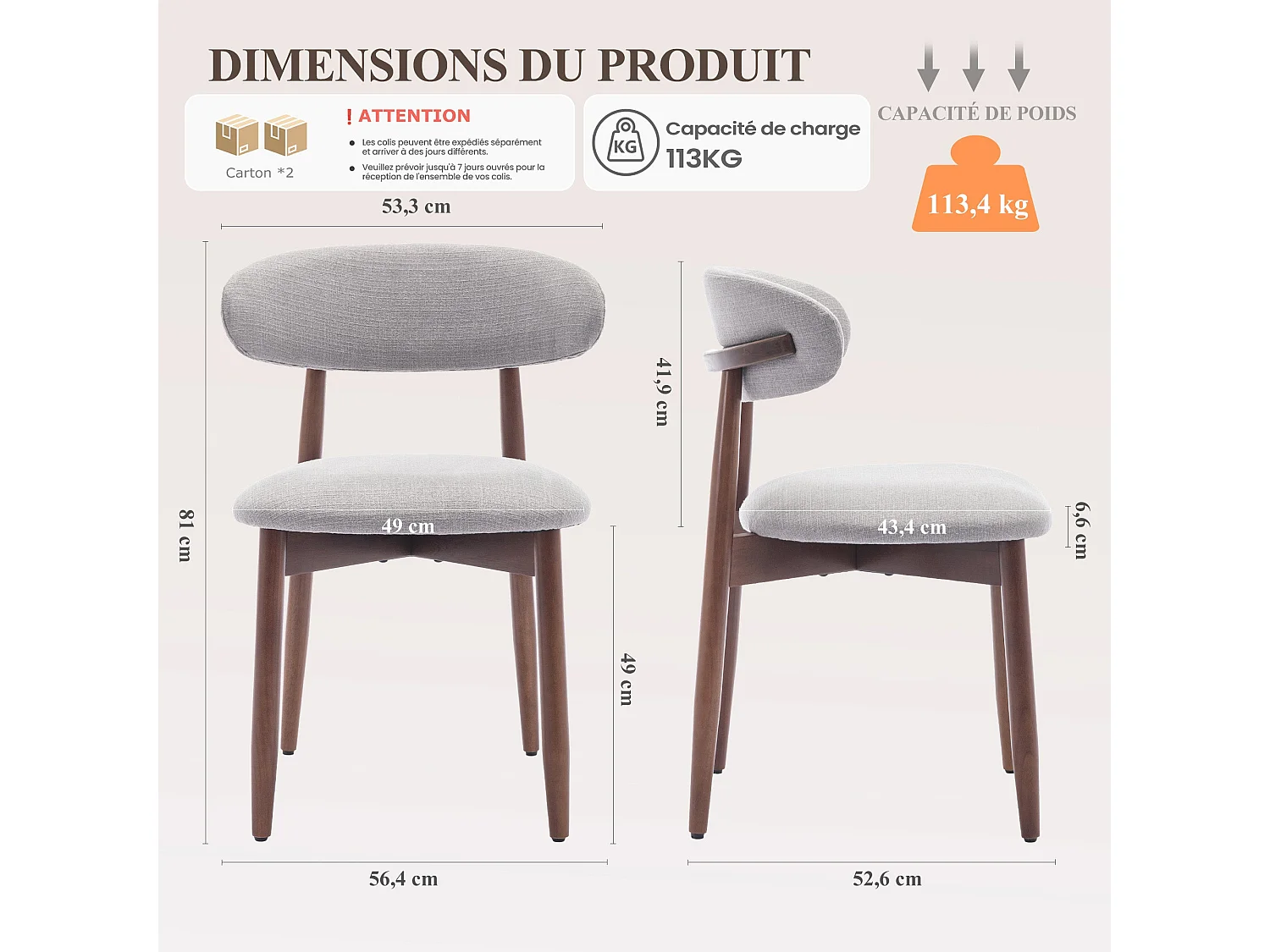 Lot de 2 chaises de salle à manger gris clair – Pieds en bois massif, dossier incurvé, assise en tissu