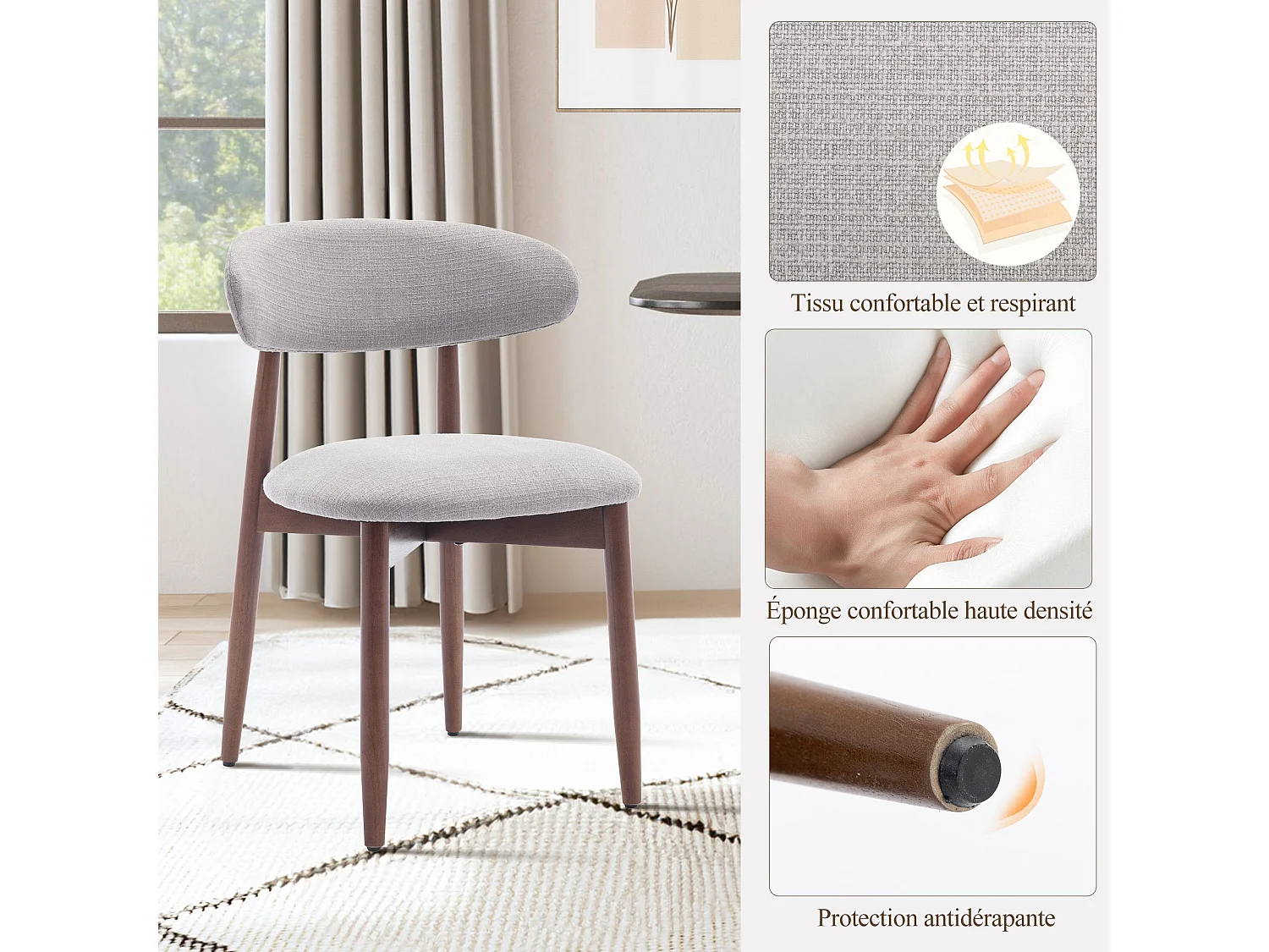 Lot de 2 chaises de salle à manger gris clair – Pieds en bois massif, dossier incurvé, assise en tissu