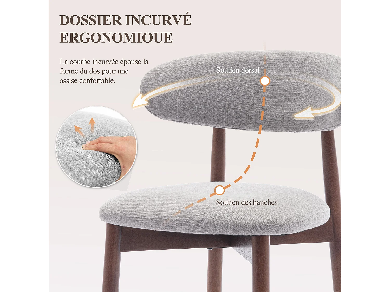 Lot de 2 chaises de salle à manger gris clair – Pieds en bois massif, dossier incurvé, assise en tissu