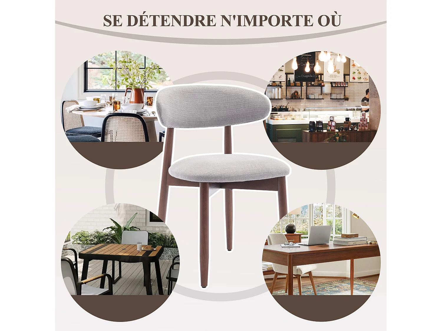Lot de 2 chaises de salle à manger gris clair – Pieds en bois massif, dossier incurvé, assise en tissu