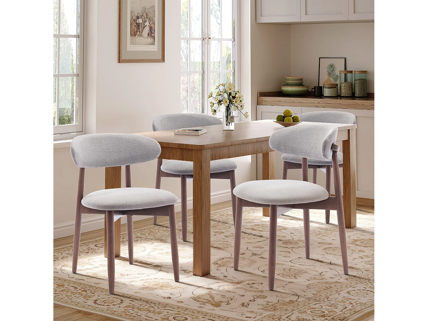 Lot de 2 chaises de salle à manger gris clair – Pieds en bois massif, dossier incurvé, assise en tissu