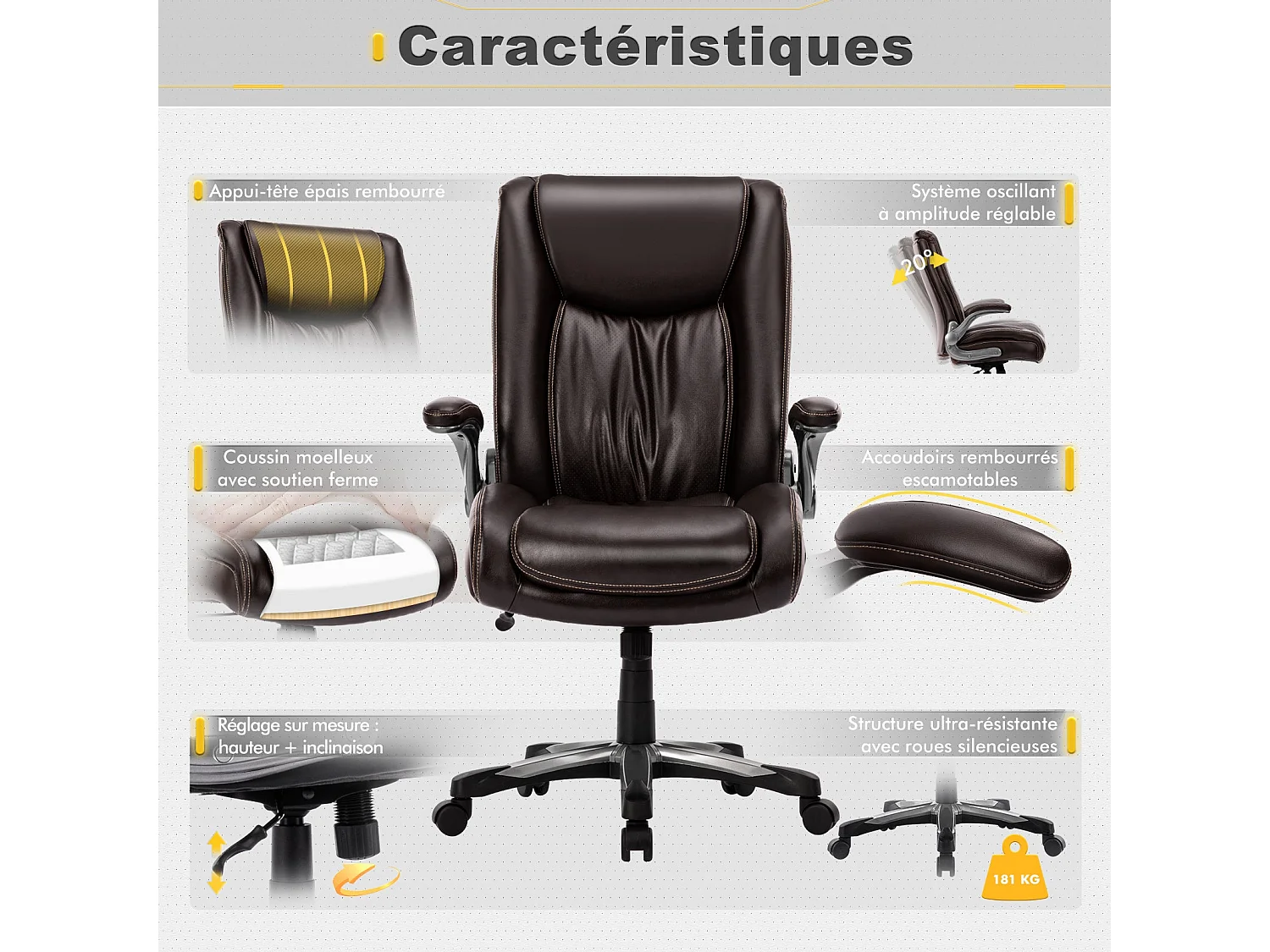 Chaise de bureau – Chaise de bureau ergonomique Robuste, charge maximale 181 kg - Marron