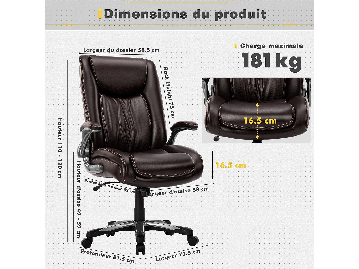 Chaise de bureau – Chaise de bureau ergonomique Robuste, charge maximale 181 kg - Marron