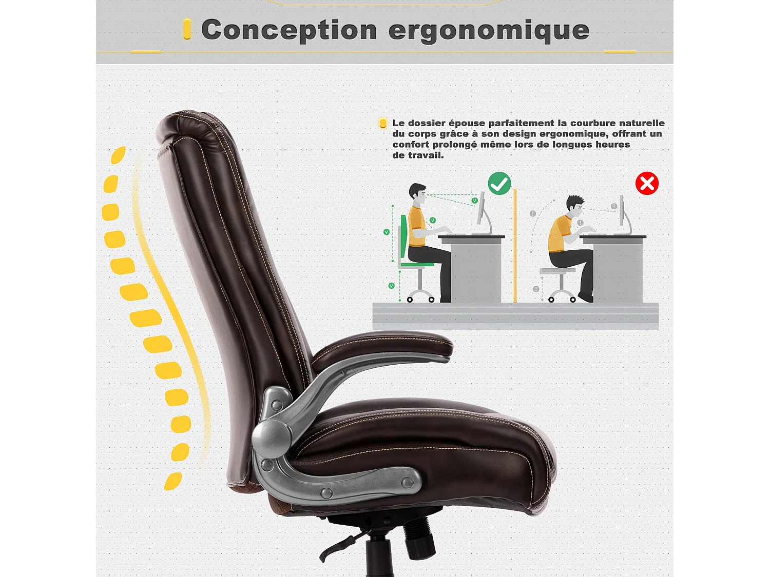 Chaise de bureau – Chaise de bureau ergonomique Robuste, charge maximale 181 kg - Marron