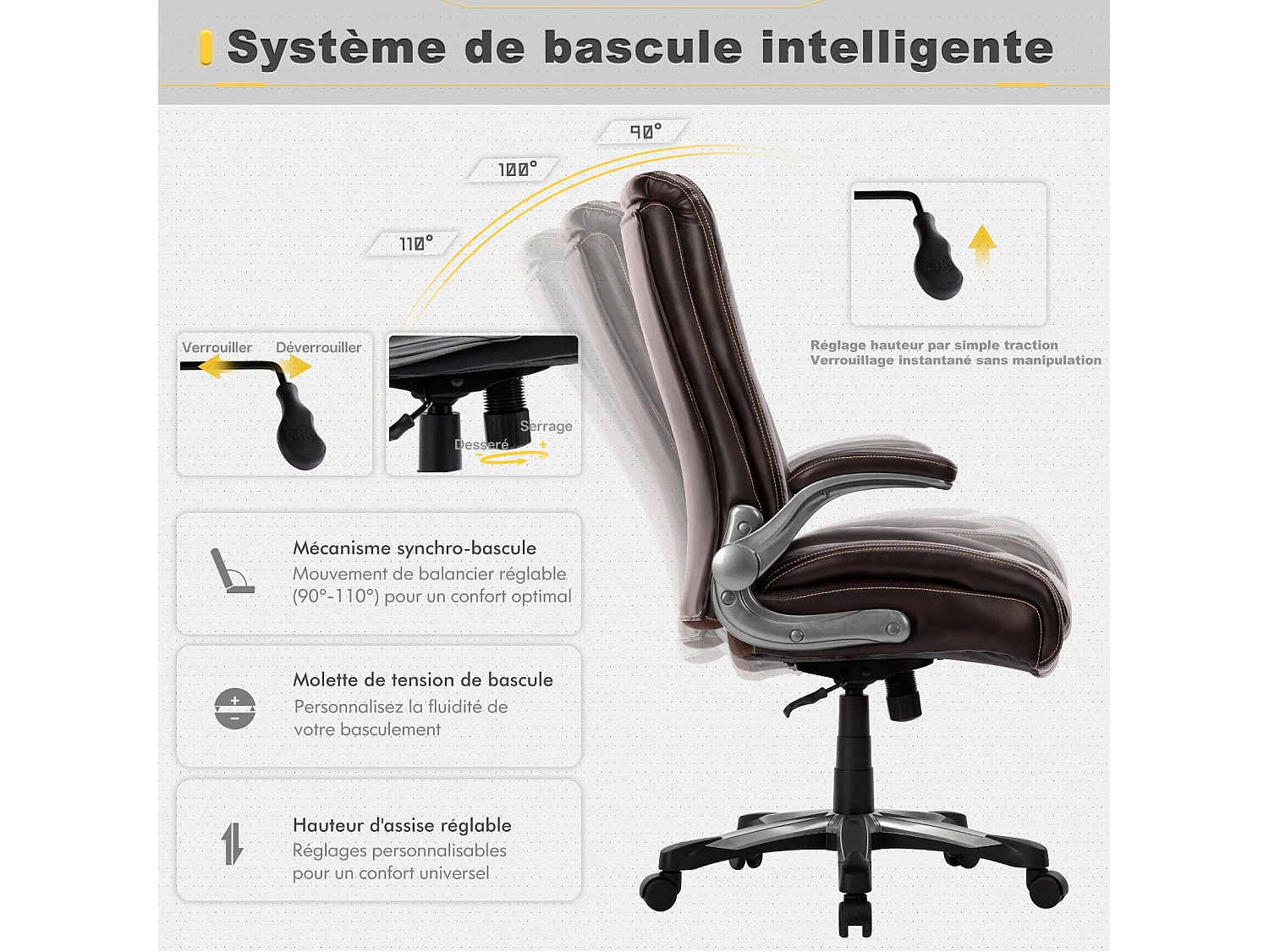 Chaise de bureau – Chaise de bureau ergonomique Robuste, charge maximale 181 kg - Marron