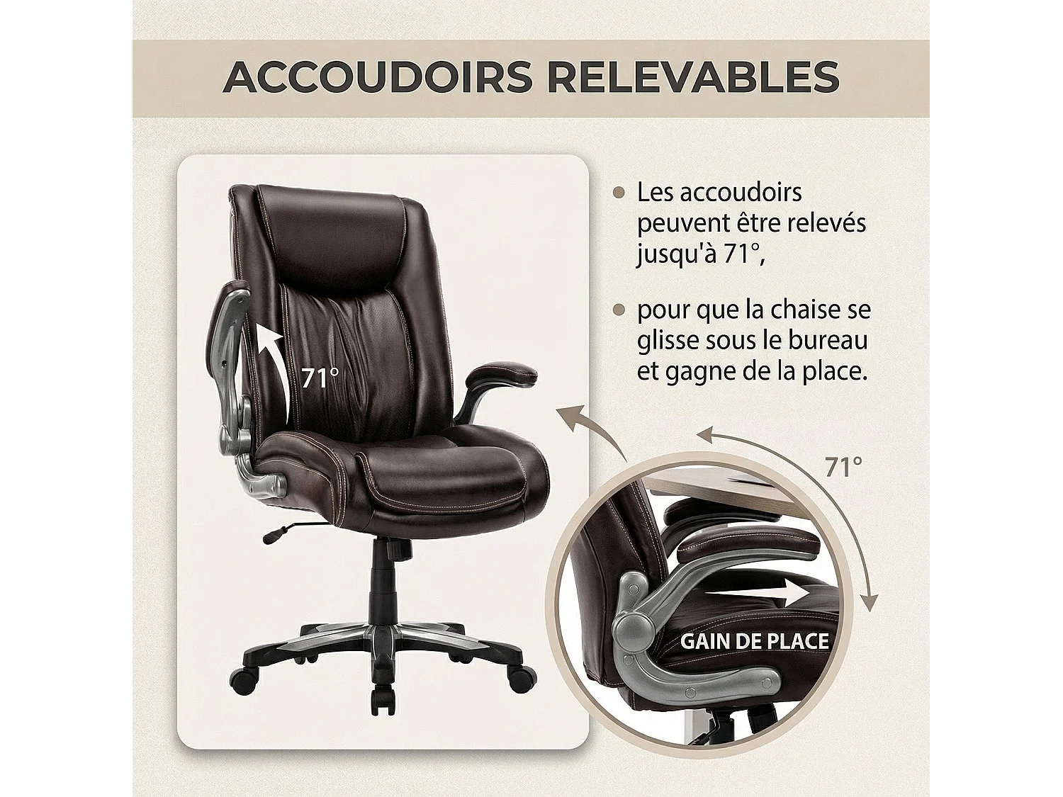 Chaise de bureau ergonomique Robuste, charge maximale 181 kg - Marron