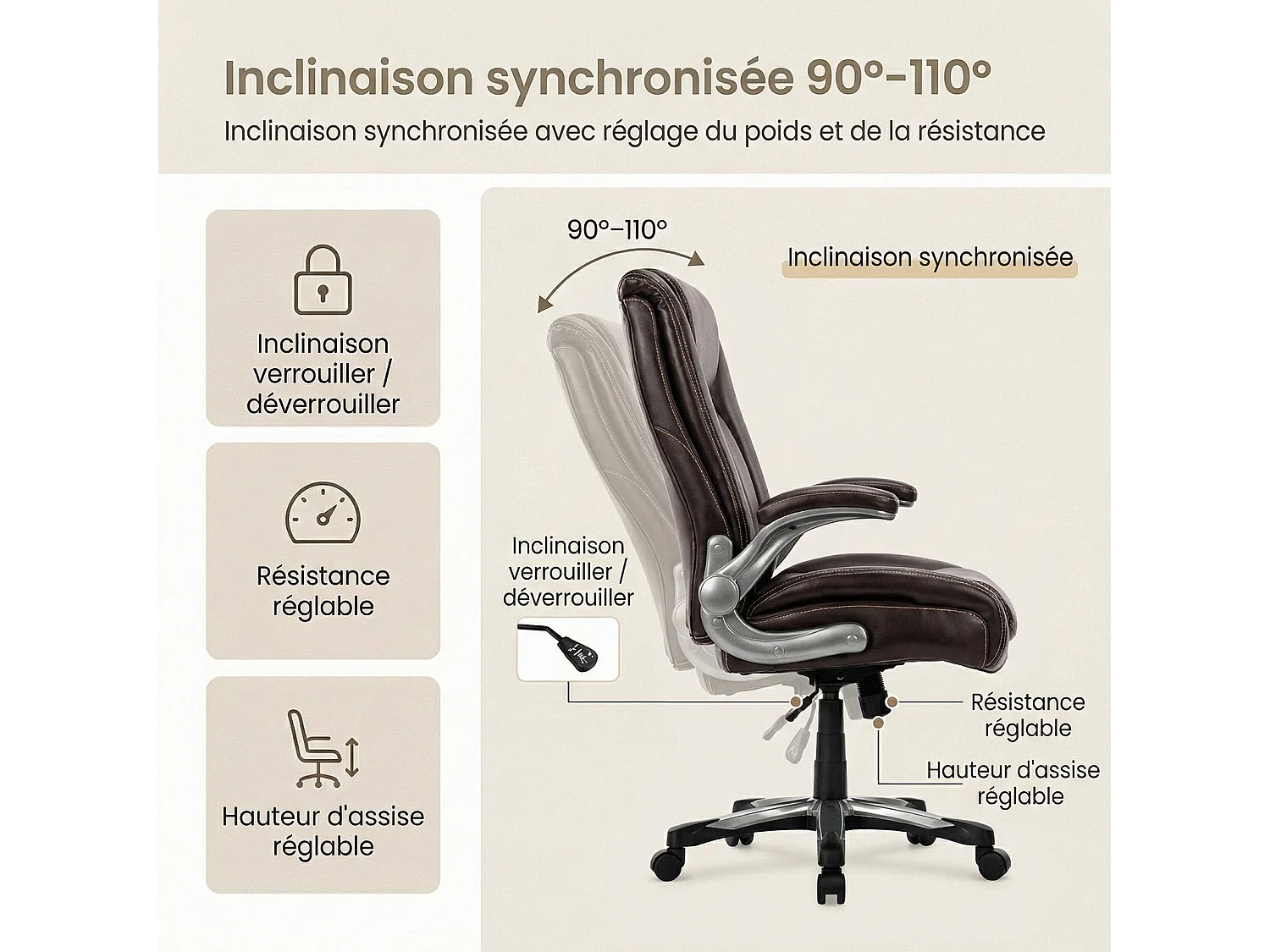 Chaise de bureau ergonomique Robuste, charge maximale 181 kg - Marron
