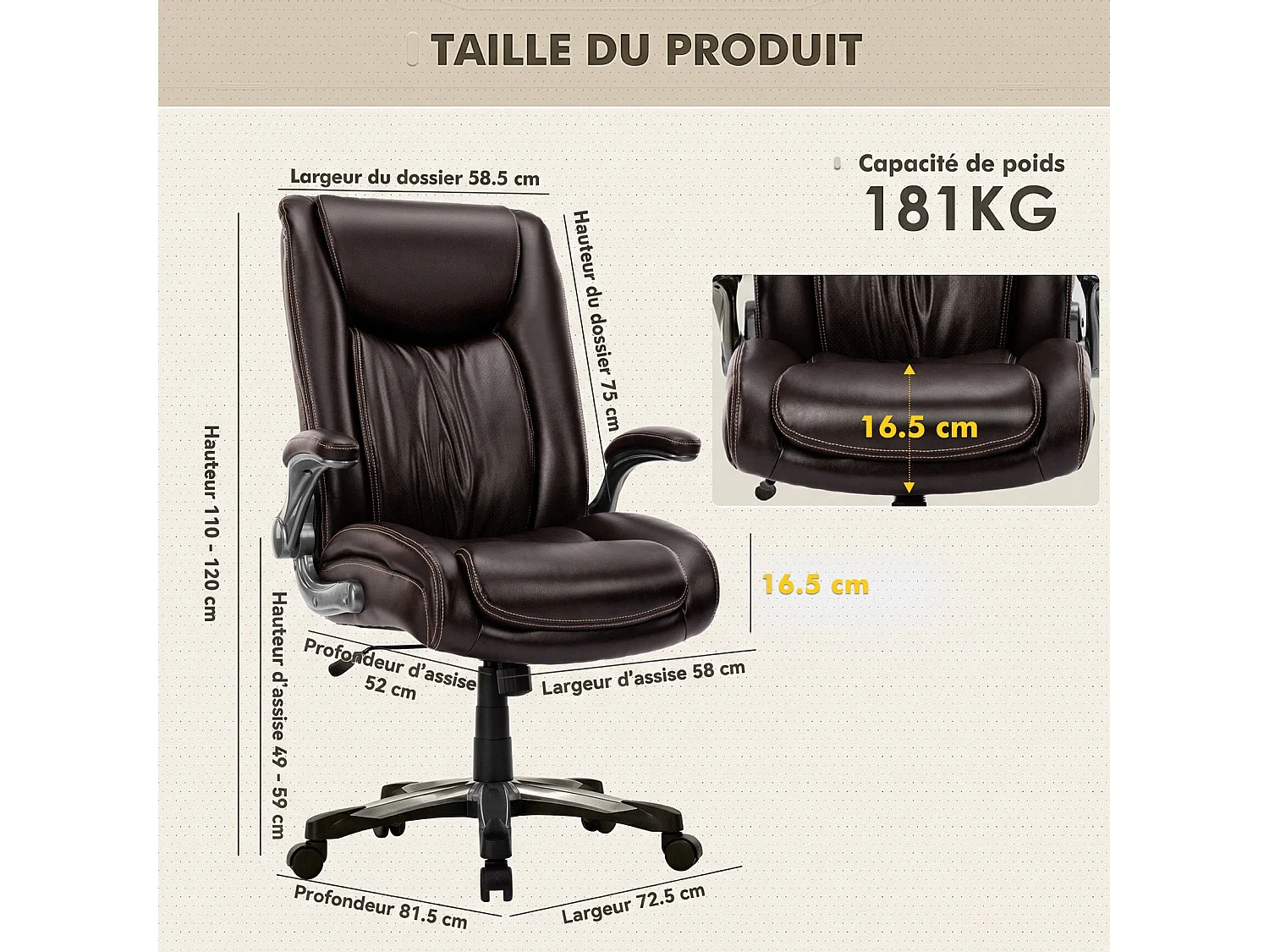 Chaise de bureau ergonomique Robuste, charge maximale 181 kg - Marron