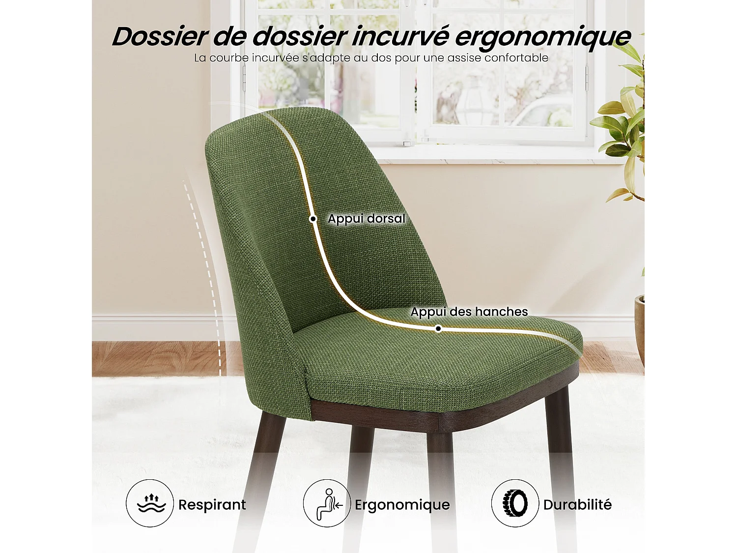 Lot de 2 Chaises de Salle à Manger – Chaises Design Confortables en Tissu avec Pieds en Bois Massif, Vert