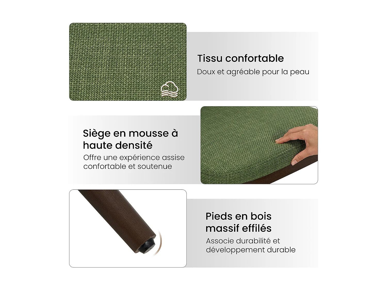 Lot de 2 Chaises de Salle à Manger – Chaises Design Confortables en Tissu avec Pieds en Bois Massif, Vert