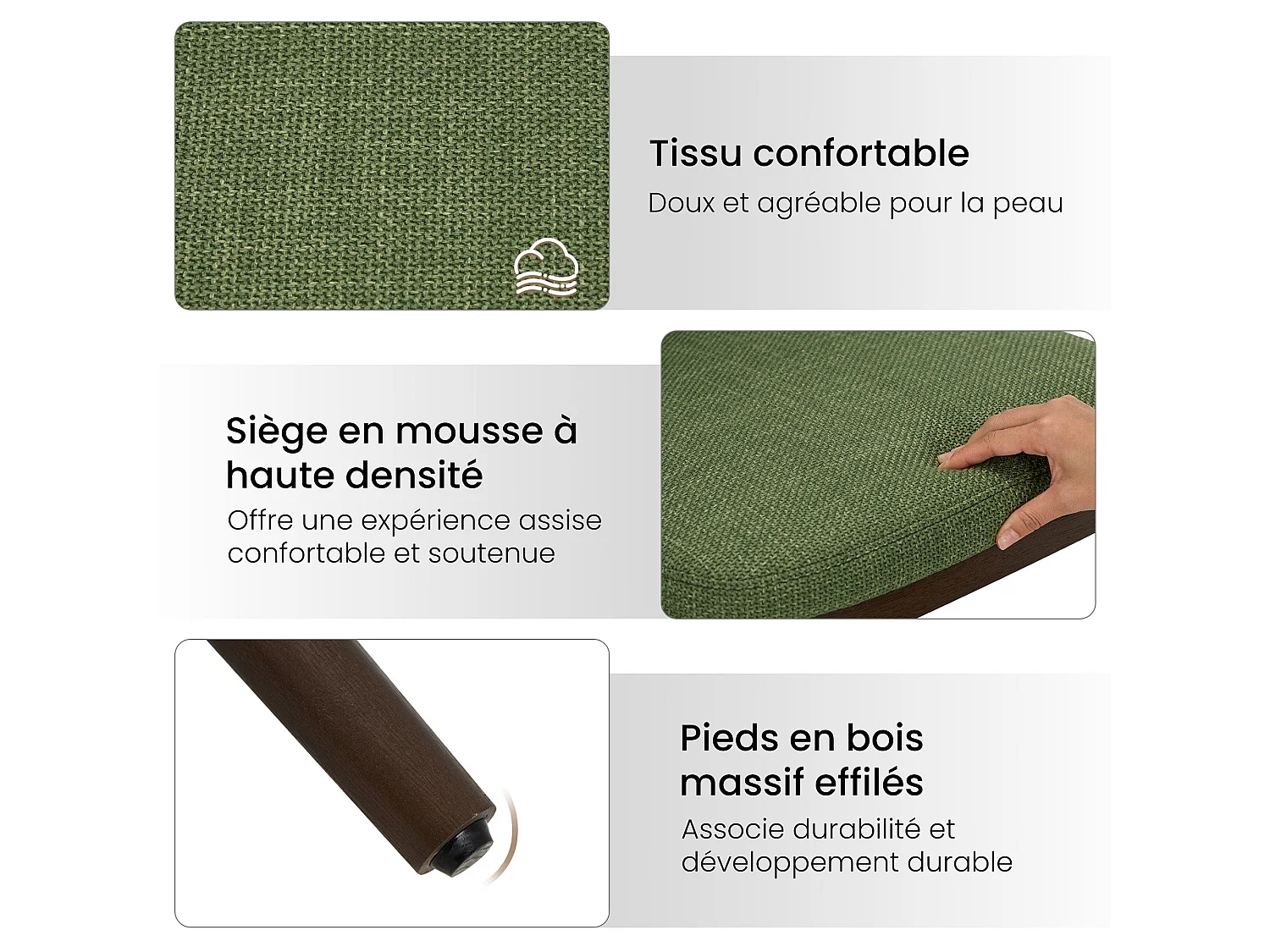 Lot de 2 Chaises de Salle à Manger – Chaises Design Confortables en Tissu avec Pieds en Bois Massif, Vert