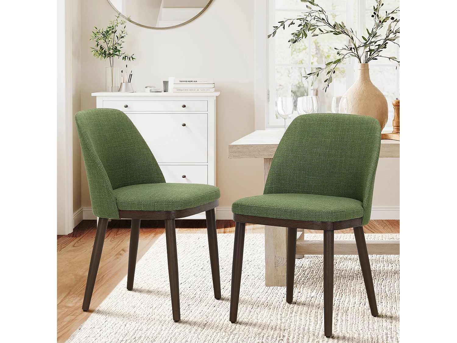 Lot de 2 Chaises de Salle à Manger – Chaises Design Confortables en Tissu avec Pieds en Bois Massif, Vert