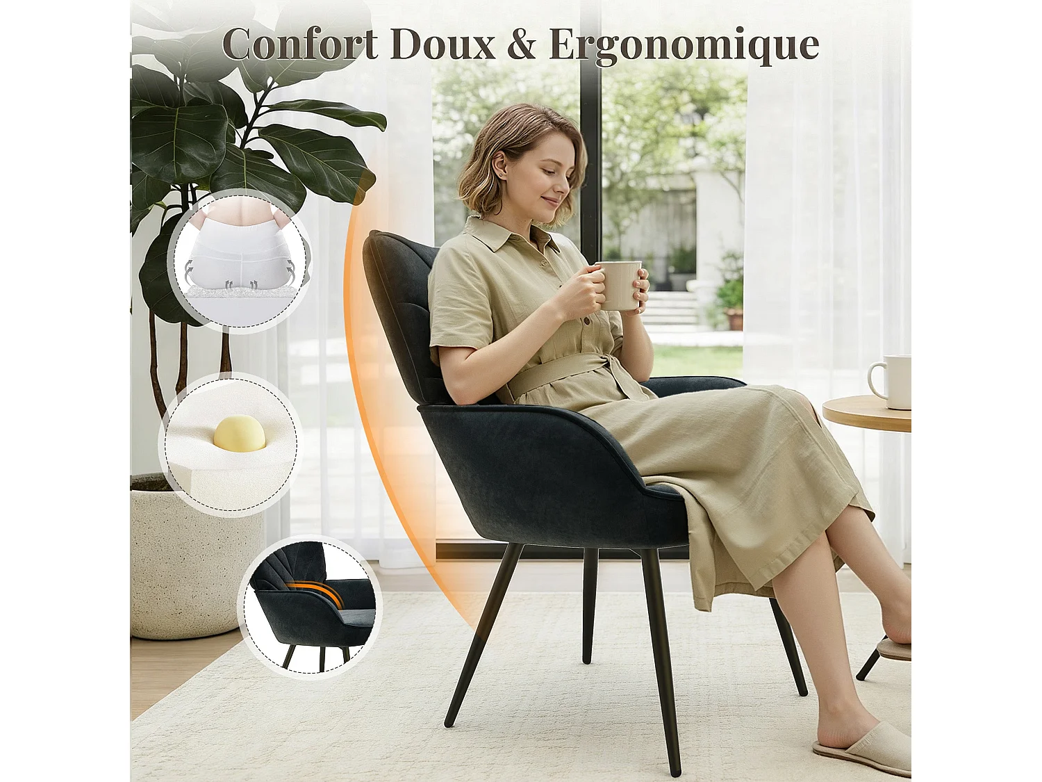Chaise Moderne à Motif Feuille - Design Simple et Naturel - Chaise polyvalente salon et bureau, noir