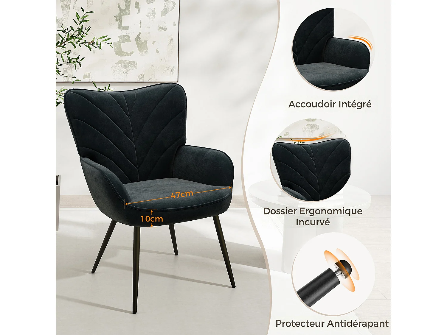 Chaise Moderne à Motif Feuille - Design Simple et Naturel - Chaise polyvalente salon et bureau, noir