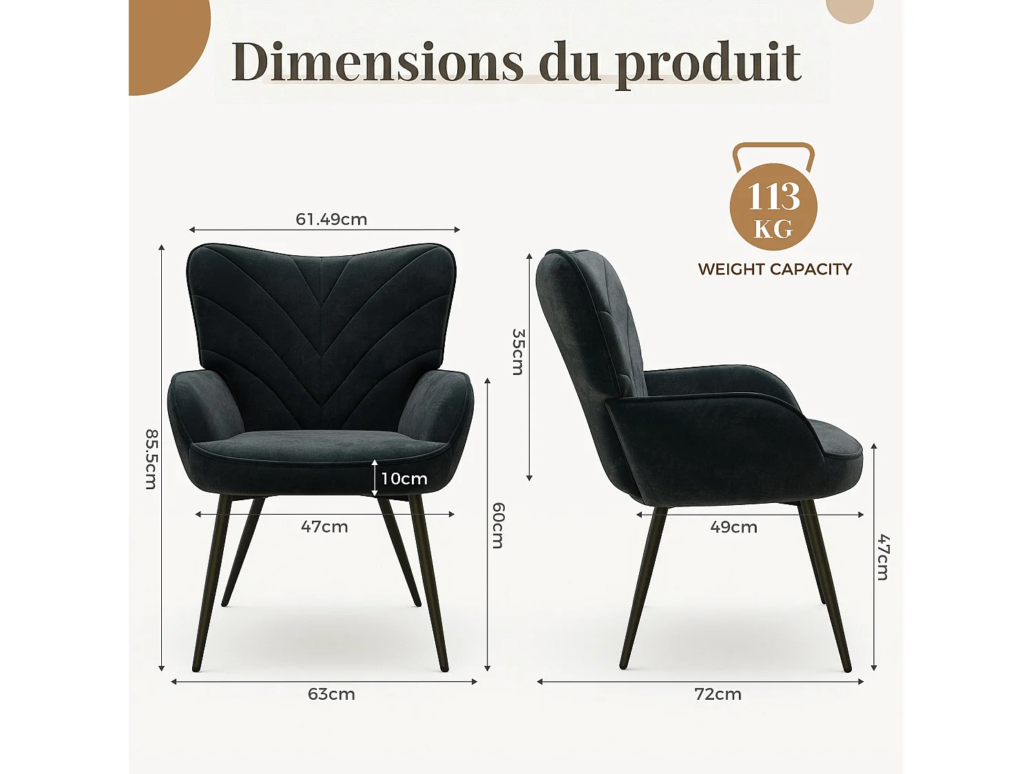 Fauteuil en Velours Luxueux – Texture Douce, Respirant, Moelleux et Résilient – Noir