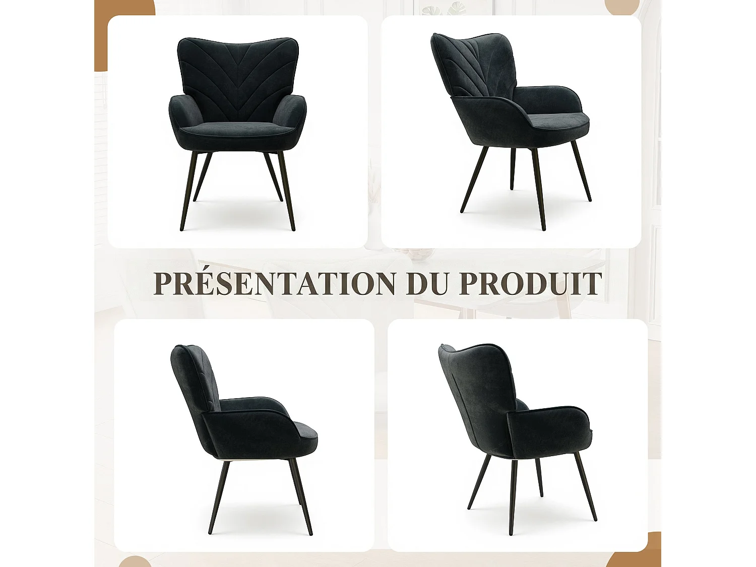 Fauteuil en Velours Luxueux – Texture Douce, Respirant, Moelleux et Résilient – Noir