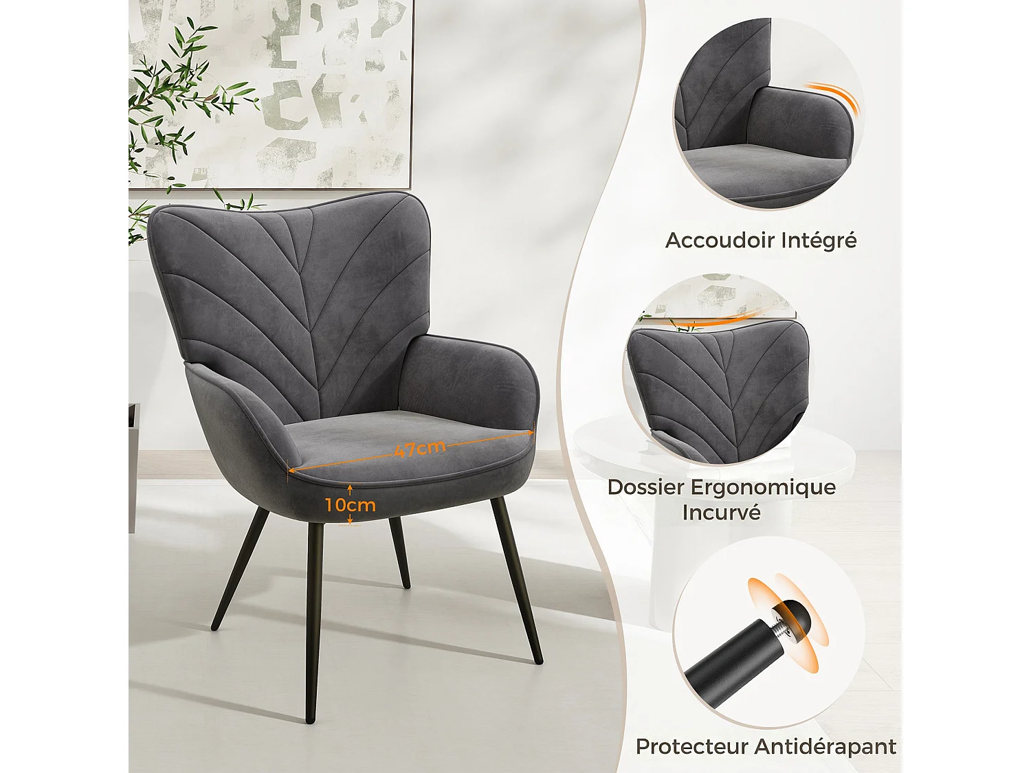 Chaise Moderne à Motif Feuille - Design Simple et Naturel - Chaise polyvalente salon et bureau, gris