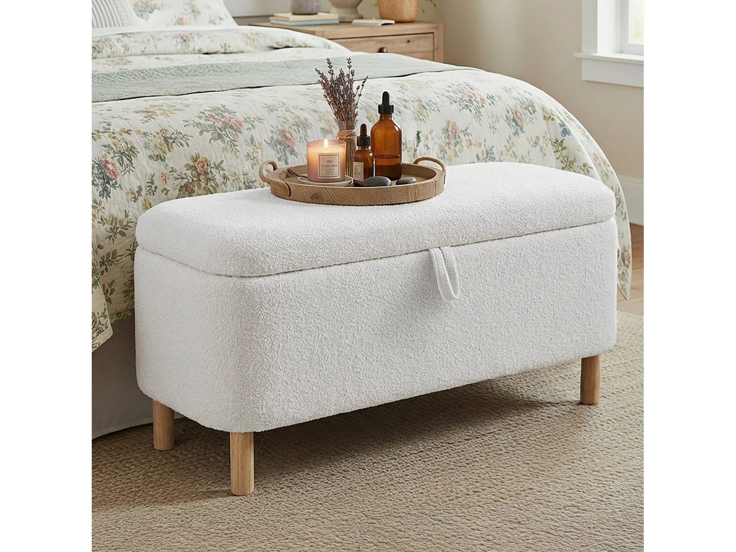 Pouf Rond en Tissu avec Couvercle à Plateau Réversible – Repose-pieds Multifonction, Rangement Caché, Solide et Élégant -Blanc