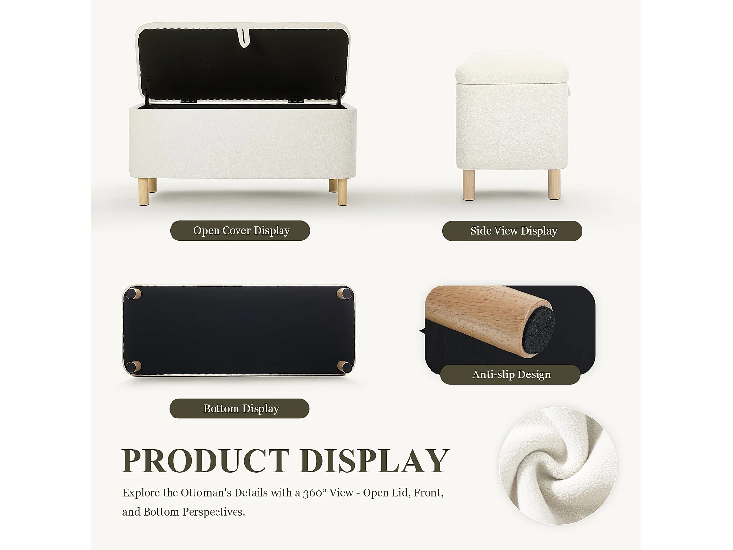 Pouf Rond en Tissu avec Couvercle à Plateau Réversible – Repose-pieds Multifonction, Rangement Caché, Solide et Élégant -Blanc