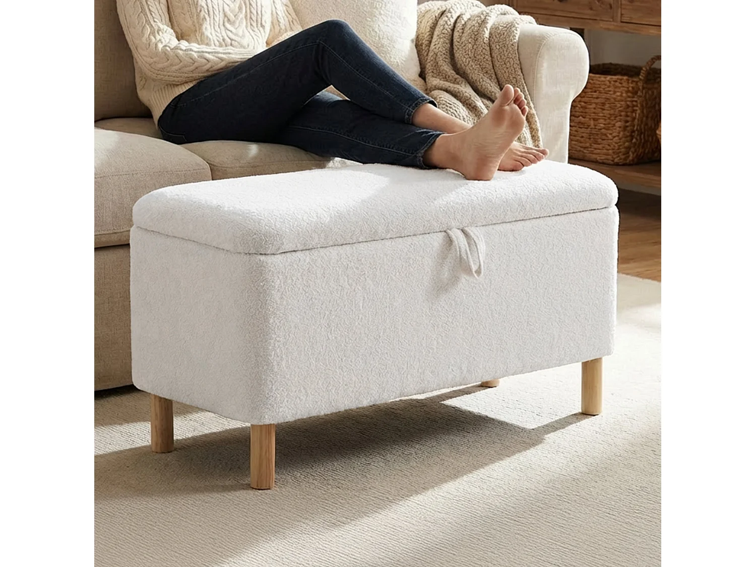 Pouf rond en tissu beige avec couvercle plateau réversible - Crème