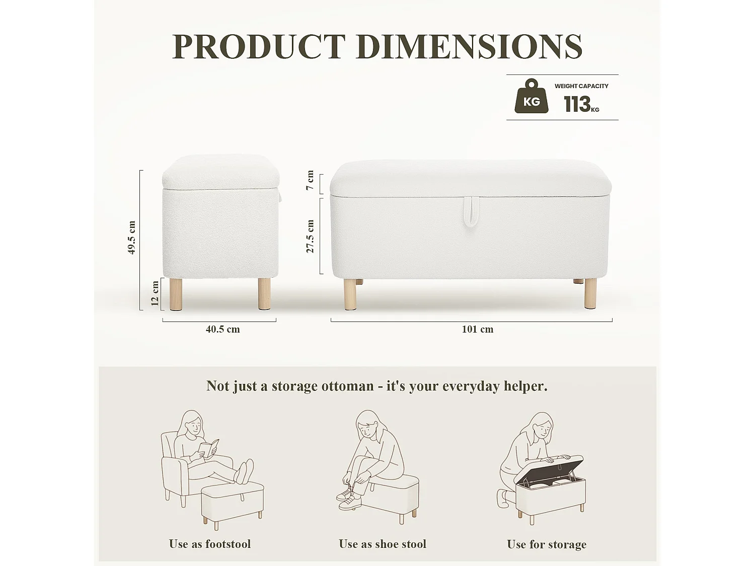 Pouf rond en tissu beige avec couvercle plateau réversible - Crème