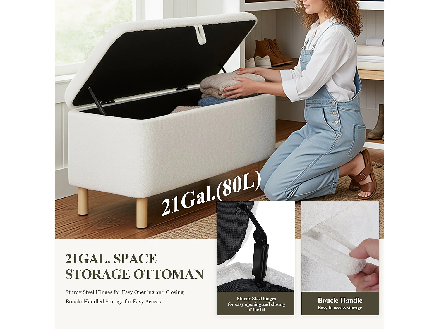 Pouf rond en tissu beige avec couvercle plateau réversible - Crème