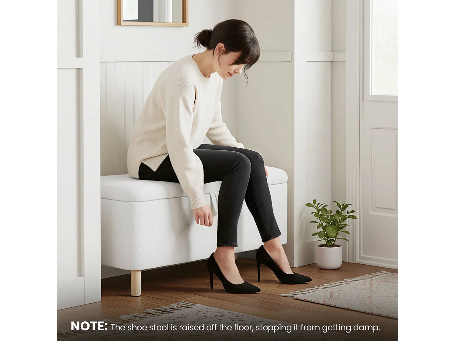 Pouf rond en tissu beige avec couvercle plateau réversible - Crème