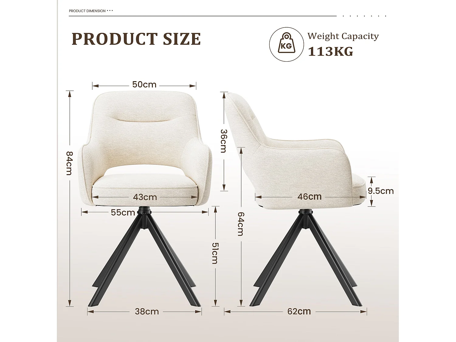 Lot 2 Chaise pivotante premium avec demi-accoudoirs - Base métallique haute stabilité - Beige