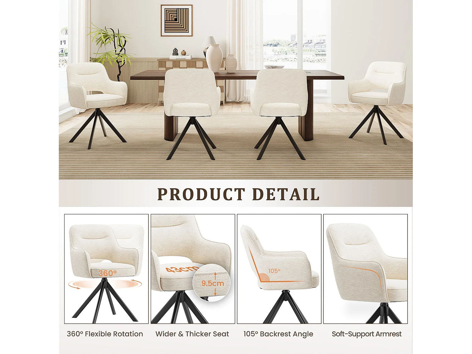 Lot 2 Chaise pivotante premium avec demi-accoudoirs - Base métallique haute stabilité - Beige