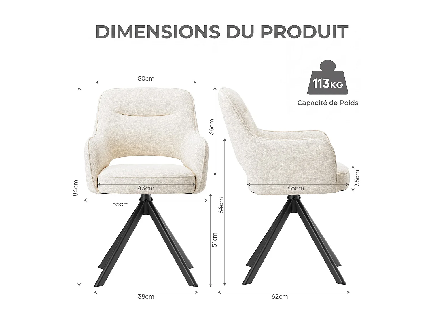 Zestaw 2 obrotowych krzeseł premium z półpodłokietnikami – Metalowa podstawa o wysokiej stabilności – Beżowy