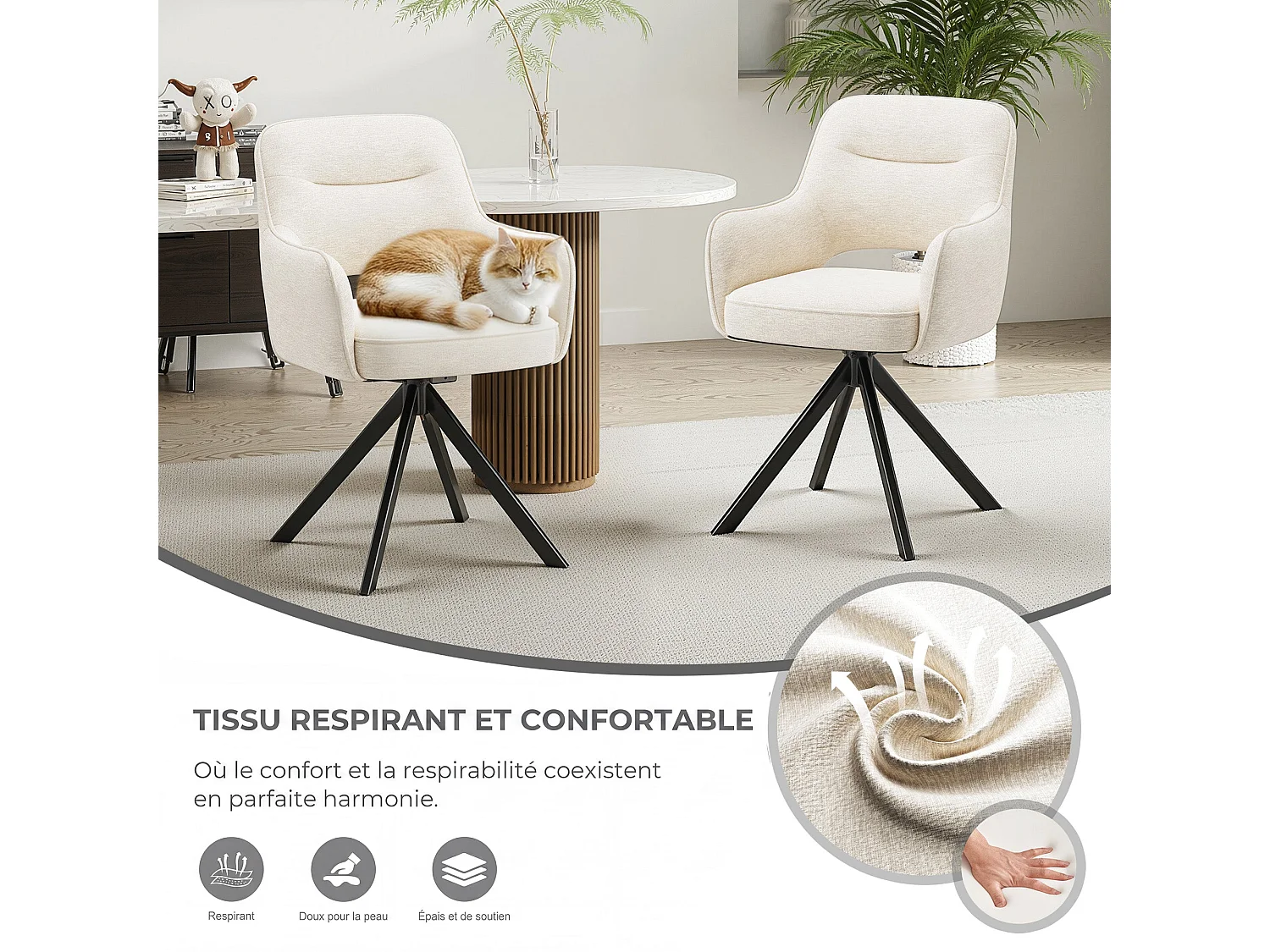 Zestaw 2 obrotowych krzeseł premium z półpodłokietnikami – Metalowa podstawa o wysokiej stabilności – Beżowy