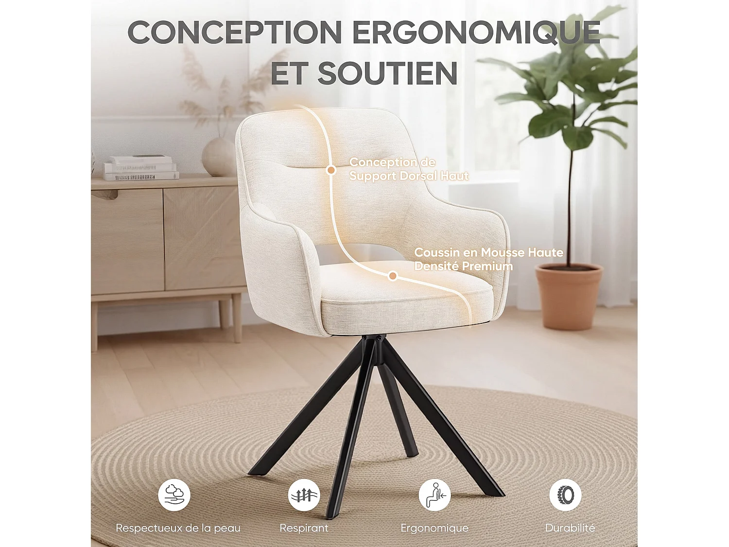 Zestaw 2 obrotowych krzeseł premium z półpodłokietnikami – Metalowa podstawa o wysokiej stabilności – Beżowy