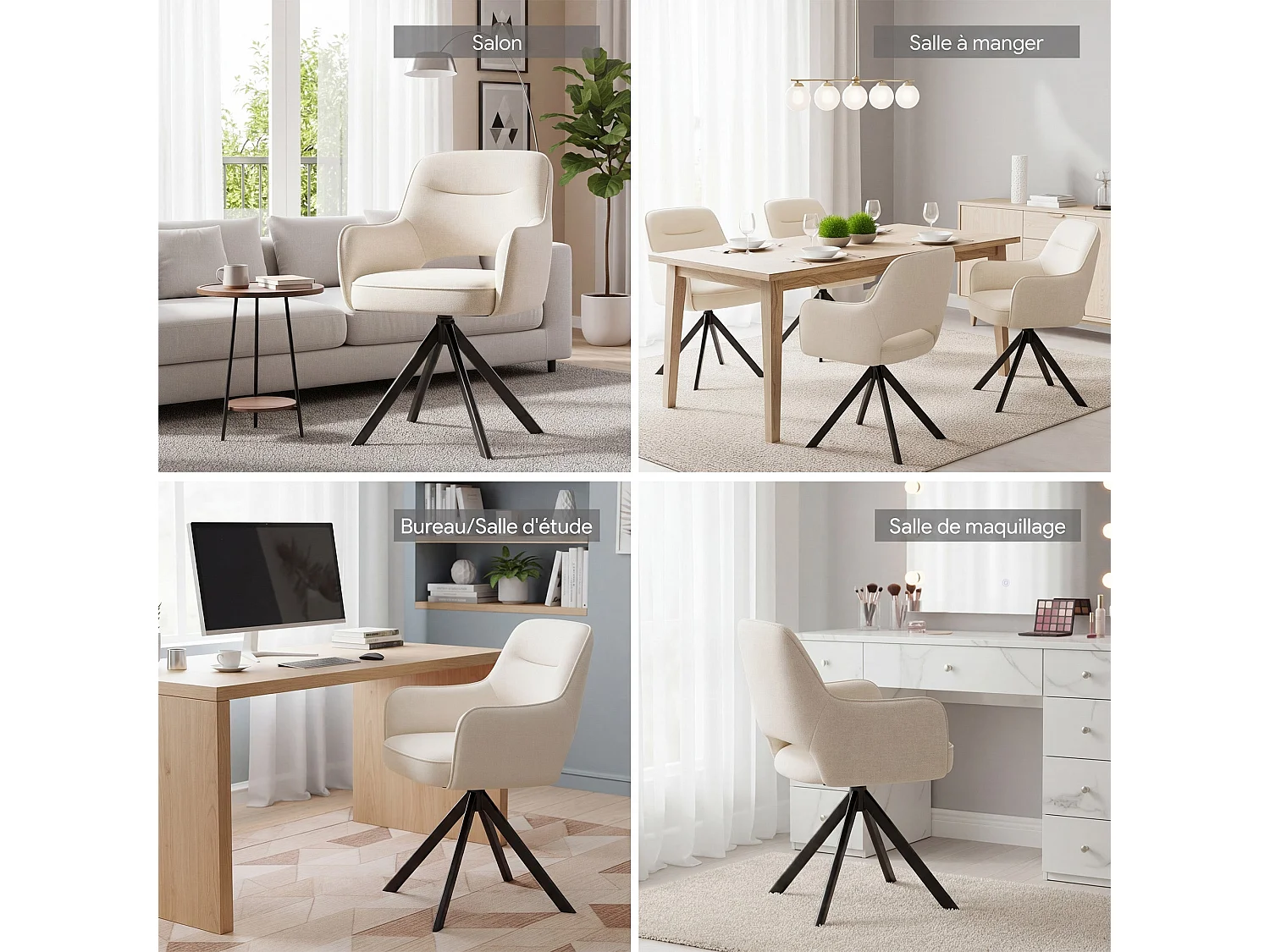 Zestaw 2 obrotowych krzeseł premium z półpodłokietnikami – Metalowa podstawa o wysokiej stabilności – Beżowy