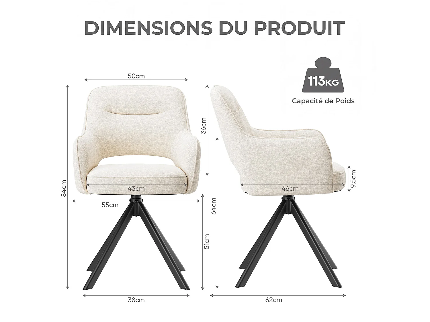 Lot 2 Chaise pivotante premium avec demi-accoudoirs - Base métallique haute stabilité - Beige