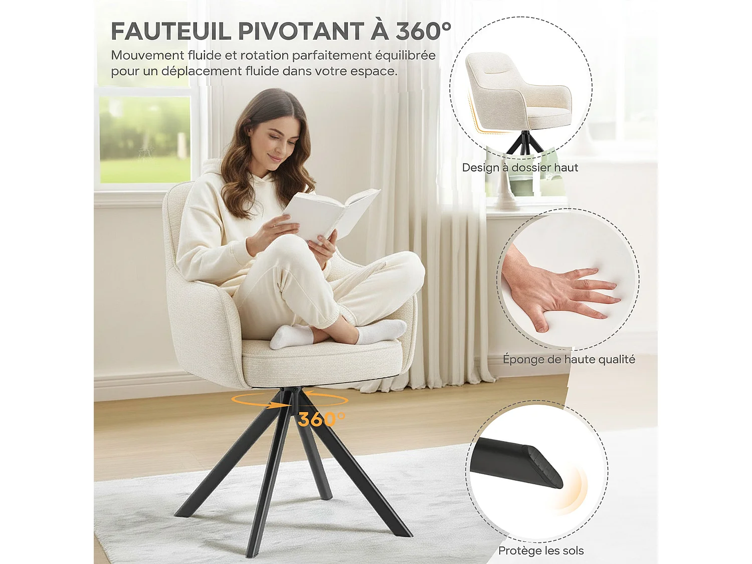 Lot 2 Chaise pivotante premium avec demi-accoudoirs - Base métallique haute stabilité - Beige