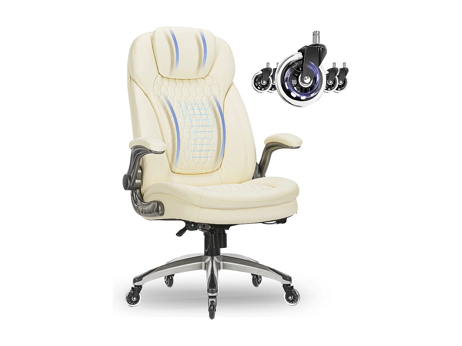 Chaise de bureau ergonomique, coussin d’assise épais de 13,5 cm, accoudoirs relevables,blanc