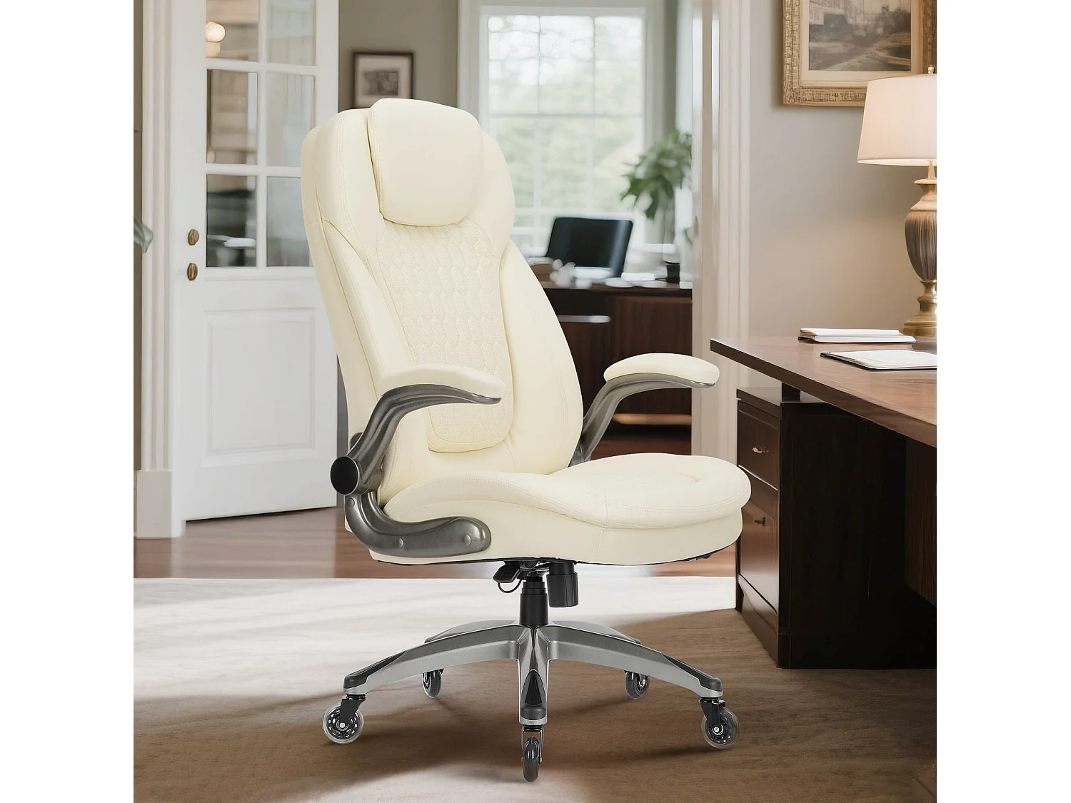 Chaise de bureau ergonomique, coussin d’assise épais de 13,5 cm, accoudoirs relevables,blanc