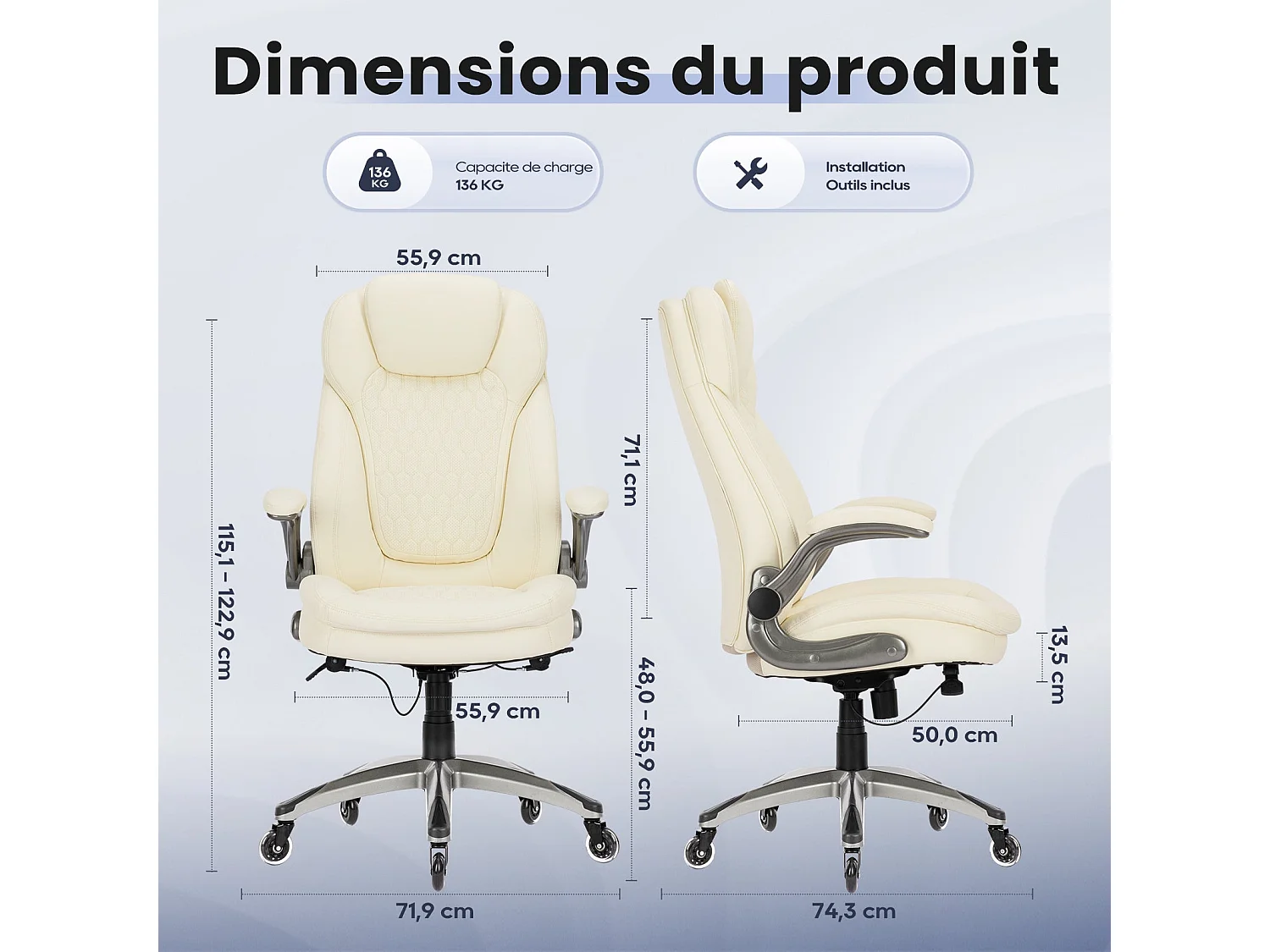 Chaise de bureau ergonomique, coussin d’assise épais de 13,5 cm, accoudoirs relevables,blanc