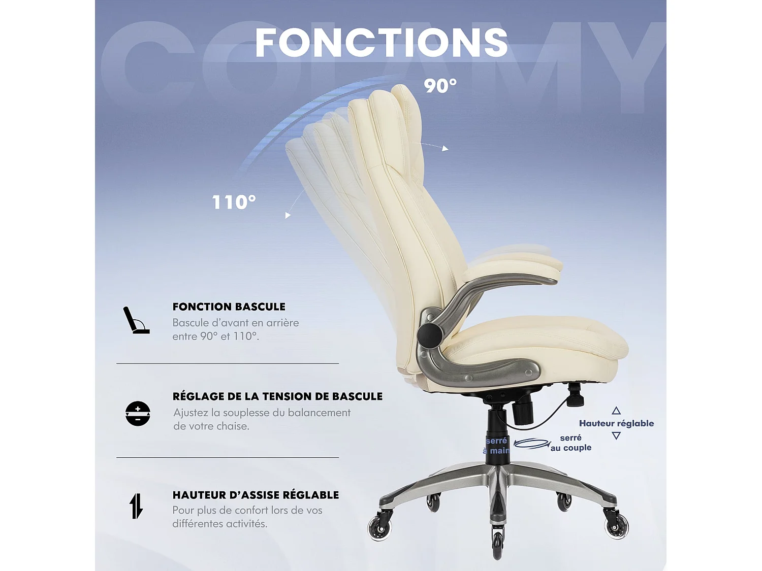 Chaise de bureau ergonomique, coussin d’assise épais de 13,5 cm, accoudoirs relevables,blanc