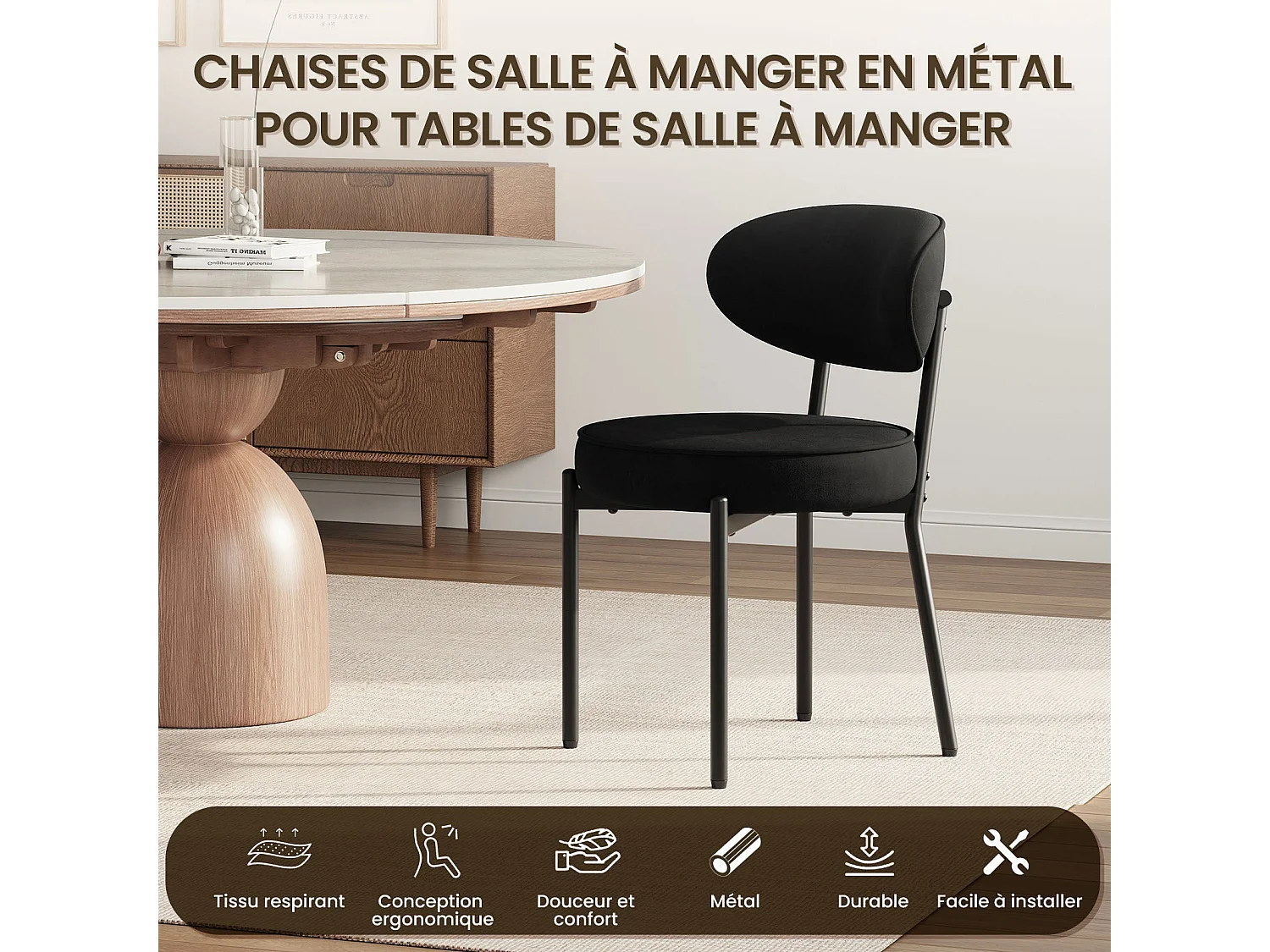 Chaises de salle à manger modernes – Lot de 2, pieds en métal robustes et assise ultra-confortable-Noir