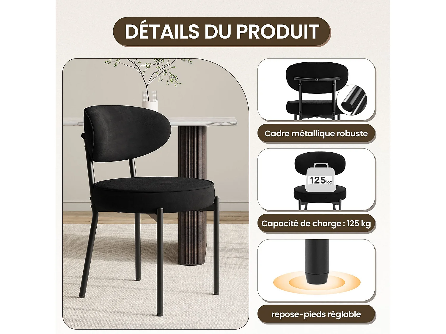 Chaises de salle à manger modernes – Lot de 2, pieds en métal robustes et assise ultra-confortable-Noir