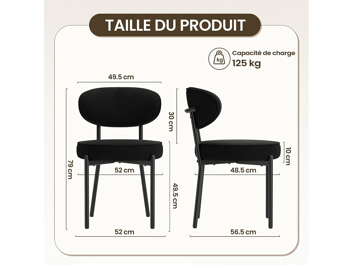 Chaises de salle à manger modernes – Lot de 2, pieds en métal robustes et assise ultra-confortable-Noir