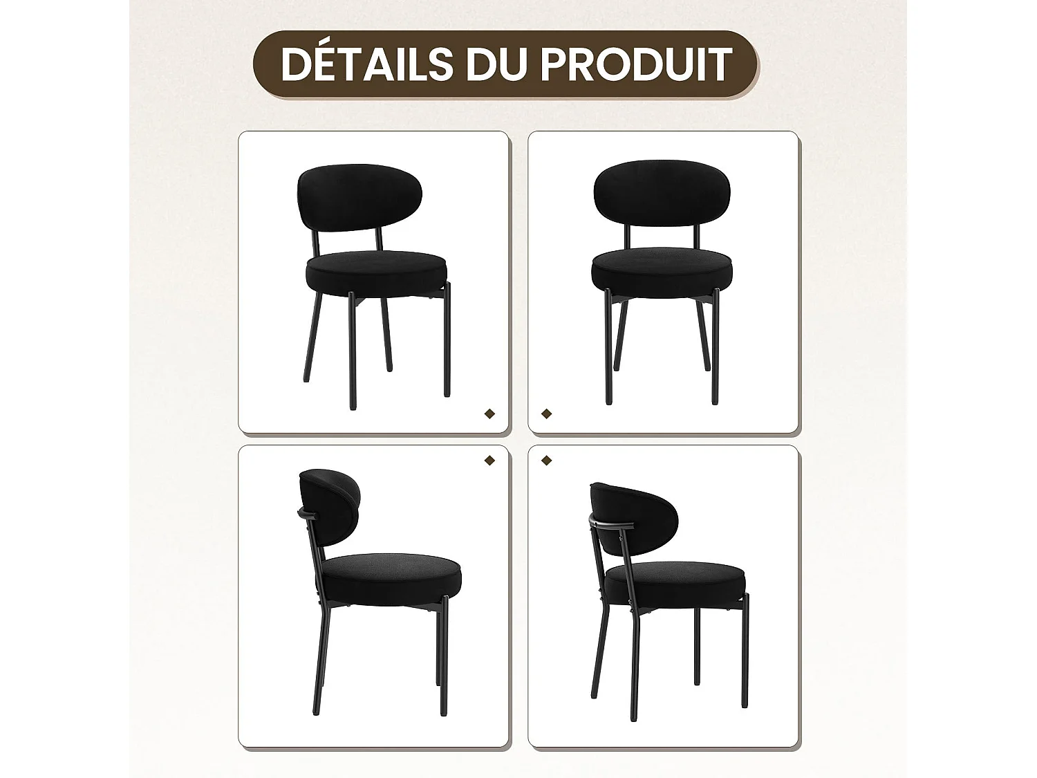 Chaises de salle à manger modernes – Lot de 2, pieds en métal robustes et assise ultra-confortable-Noir