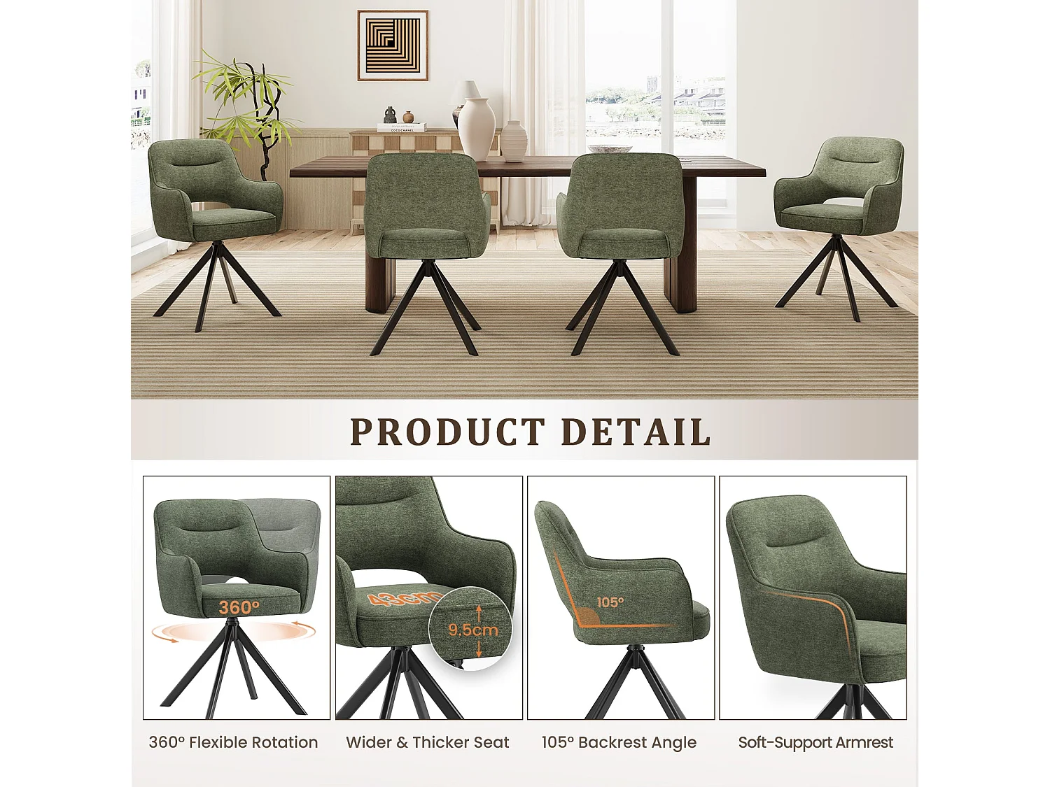 Lot 2 Chaise pivotante premium avec demi-accoudoirs - Base métallique haute stabilité - Vert